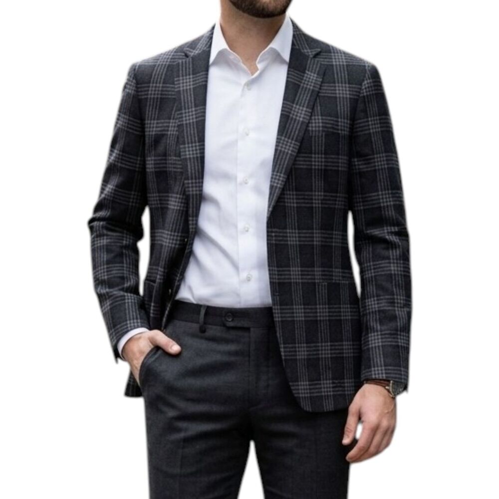 Indochino Yaletown 50 Custom Plaid Blazer - Charcoal Gray 100% Wool Size 40R